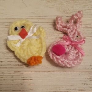 Handmade Crochet Yellow Chick and Pink Bunny Magnet Pair Spring Easter